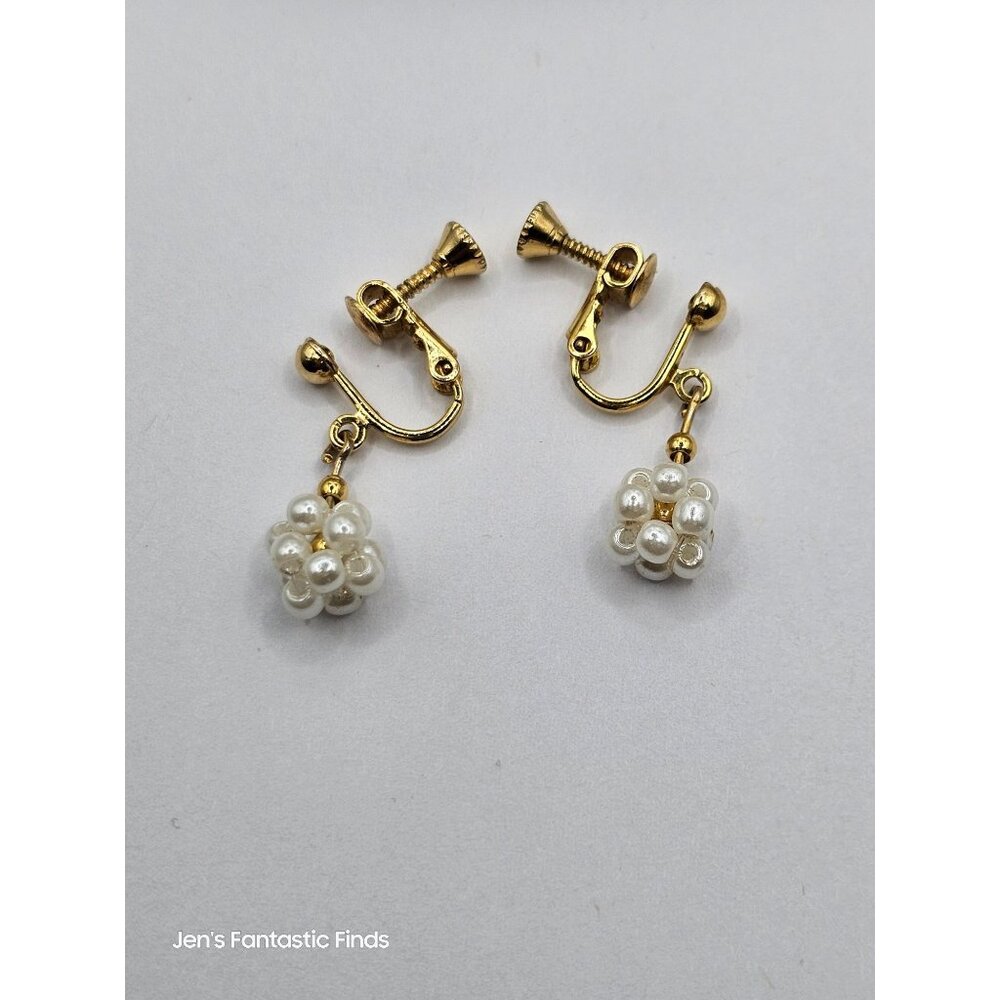 Faux Pearl Cluster Gold‎ Tone Dainty Screw Back Earrings 1.5"